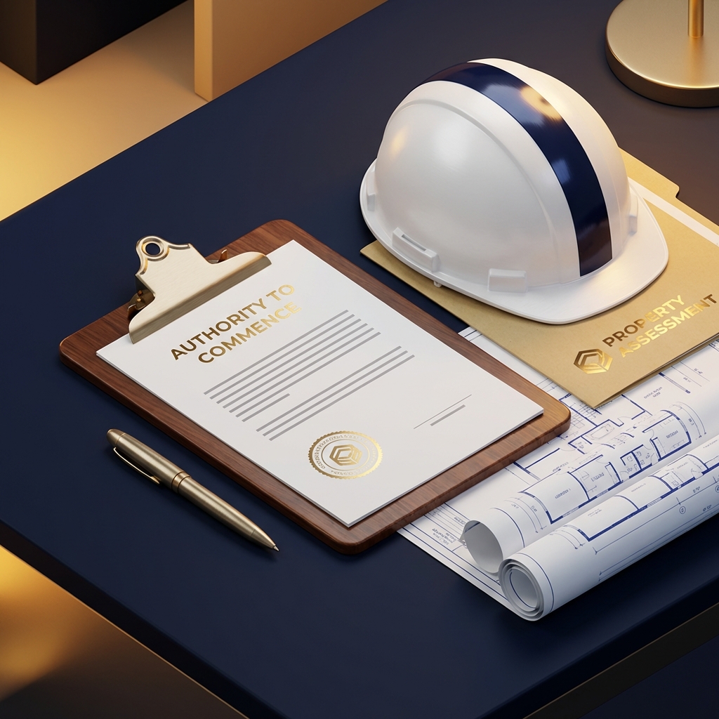 3D illustration of Authority to Commence contract document with clipboard, pen, and inspection report